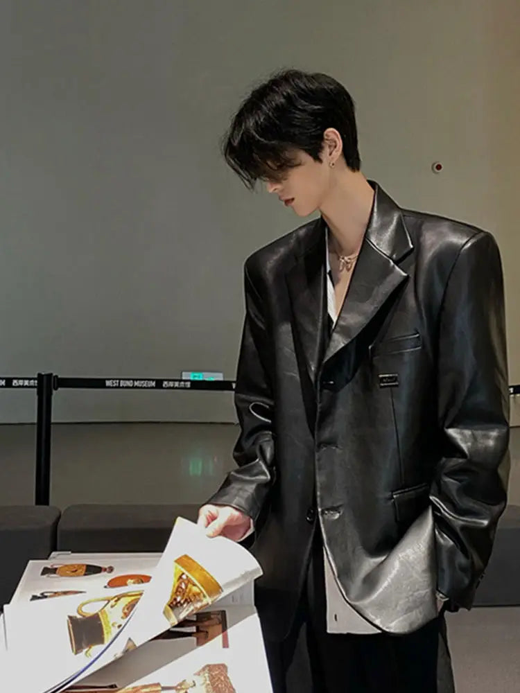Riolio American Leather Jacket Retro Outfit Handsome High-end Men's Niche Shoulder Pad Suit Black PU Leather Jacket Chic Streetwear