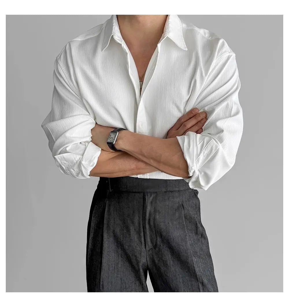 Riolio Lapel Pit Stripe Texture Long Sleeve Shirt Men's Casual Business Shirt High-end Drapery Light Versatile Top Male Blouse