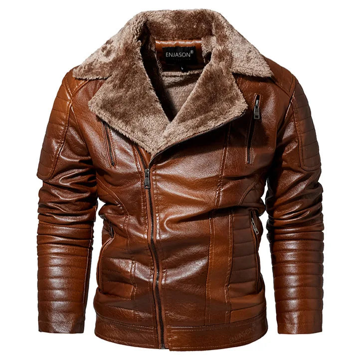 Riolio Male Outerwear Bomber Leather Jacket High-end Men's Fleece Warm Motorcycle Suit Collar Jackets Moto Biker PU Baseball Jackets