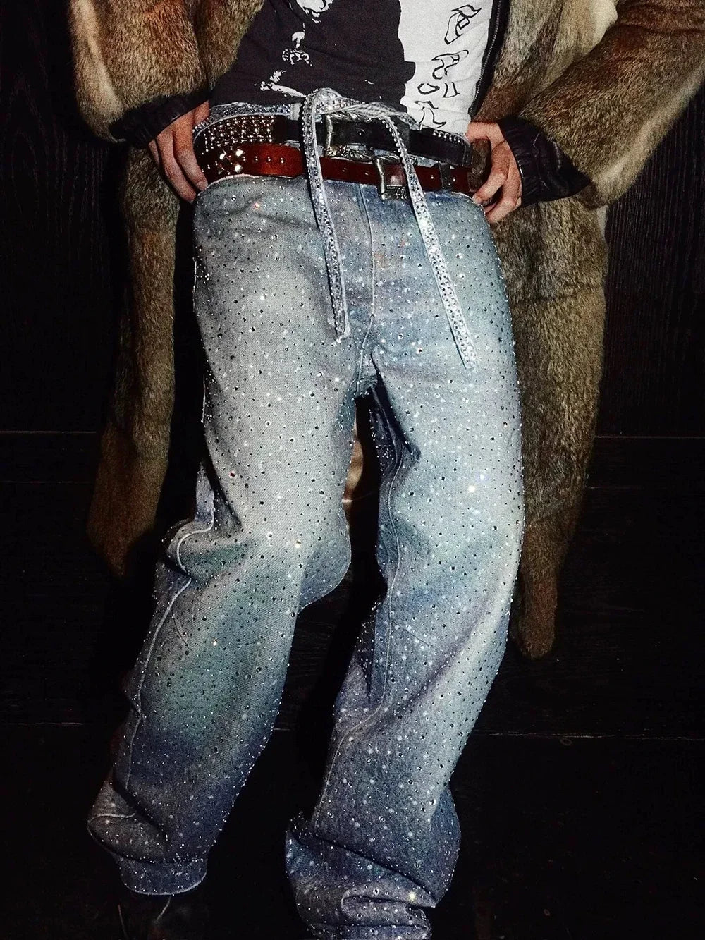 Riolio Full Rhinestone Print Washed Blue Baggy Jeans Mens and Women Ropa Hombre Streetwear Solid Casual Denim Trousers Loose Cargos