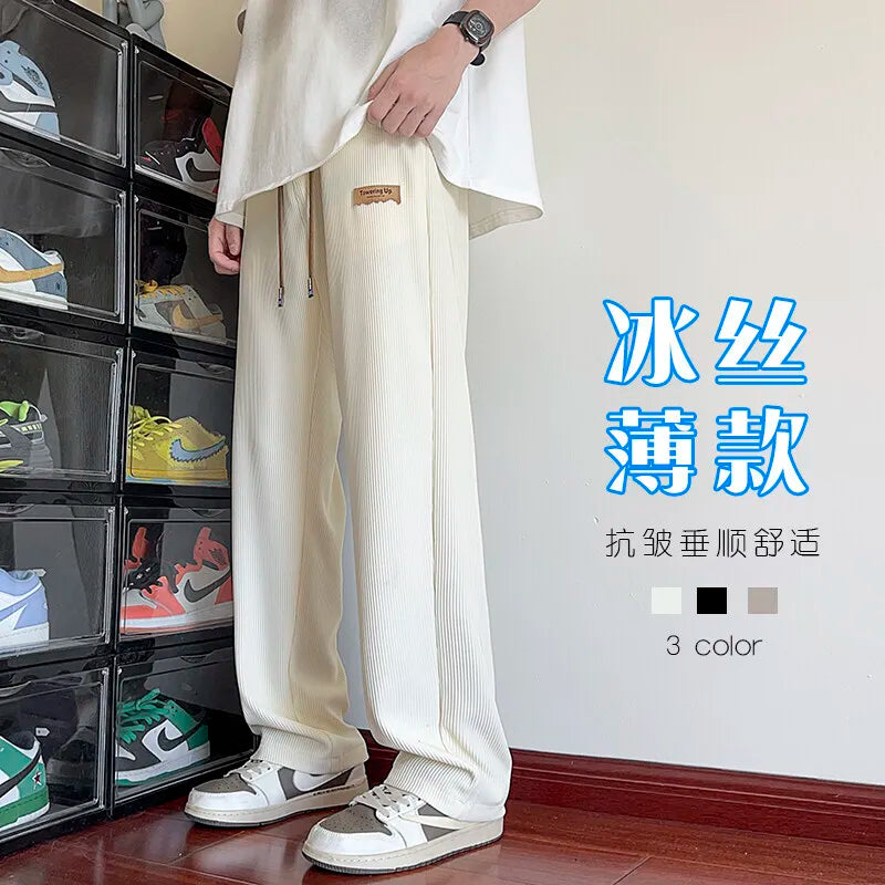 Riolio Summer Casual Pants Men Fashion Straight Ice Silk Pants Men Streetwear Hip-hop Loose Pleated Pants Mens Beige Trousers M-3XL