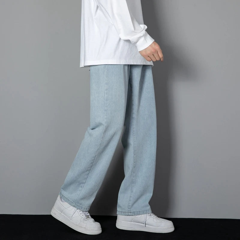 Riolio New Korean Men's Casual Long Jeans Classic Man Straight Denim Wide-leg Pants Solid Color Light Blue Grey Black