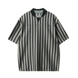 Riolio Preppy Retro Shirt Double-paired V-neck Striped Short-sleeved T-shirt Loose Casual Embroidered Letter Printed Shirt