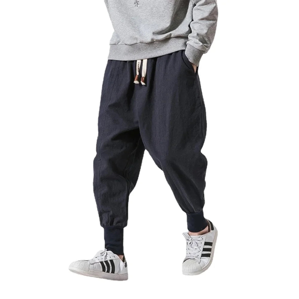 Riolio Cotton Linen Harem Pants Men Solid Elastic Waist Streetwear Joggers New Baggy Drop-crotch Pants Casual Trousers Men