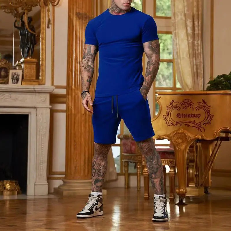 Riolio men summer outfits Fashionable and Casual Summer Outdoor Sports Suit Men's Breathable T-shirt Shorts Casual and Fashionable Two-piece Set