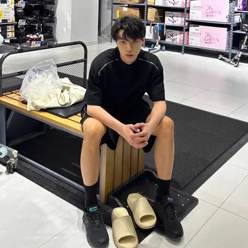 Riolio American Heavy Double Zipper Sports Suit Men's Summer Trendy Design Handsome Short-sleeved Shorts Casual Two-piece Set Urban