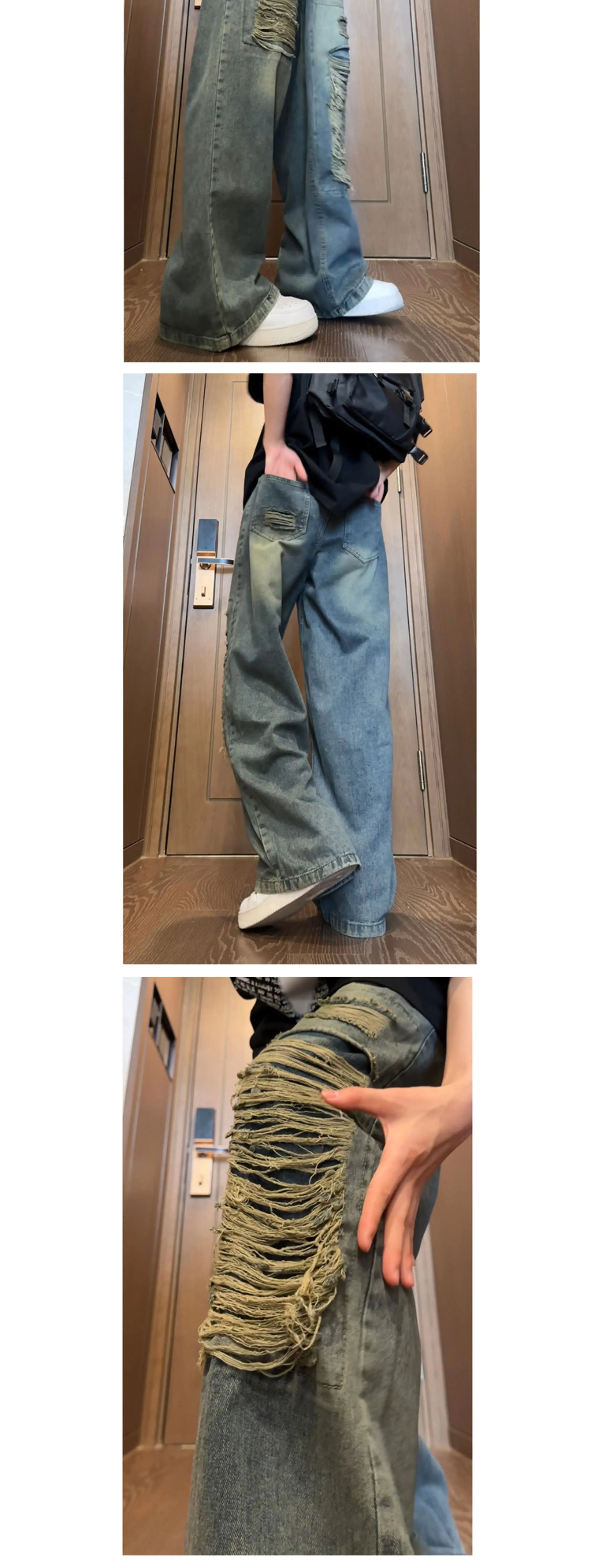 Riolio Beggar jeans men Vintage Streetwear Ripped Hole Jeans Men Women Harajuku Aesthetic Wide Leg Denim Trousers Unisex Straight Pants