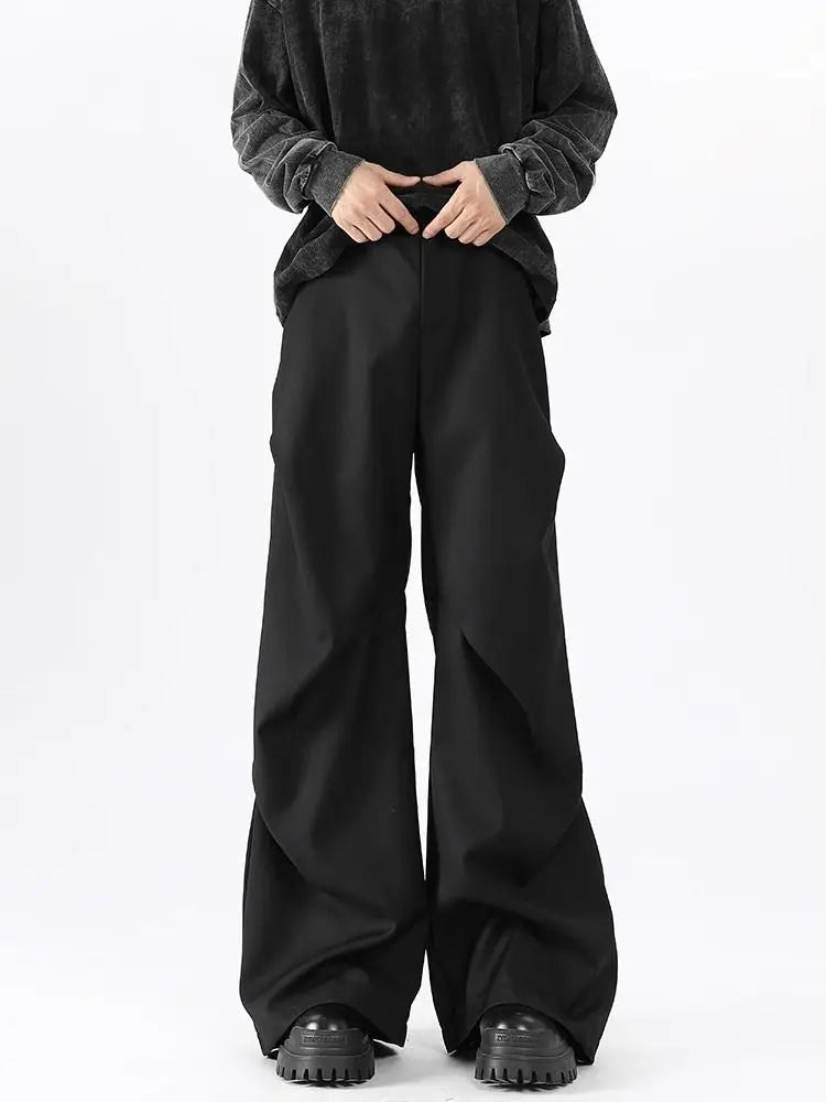 Riolio American High Street Pleated Pants Floor Mopping Micro Trumpet Black Trousers Luxury Sense Clean Fit Casual Curved Knife Pants