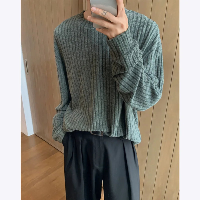 Riolio Autumn Long Sleeved T-shirt Men Oversized Fashion Casual Striped T Shirt Men Streetwear Korean Loose Round Neck Tshirt Mens Top