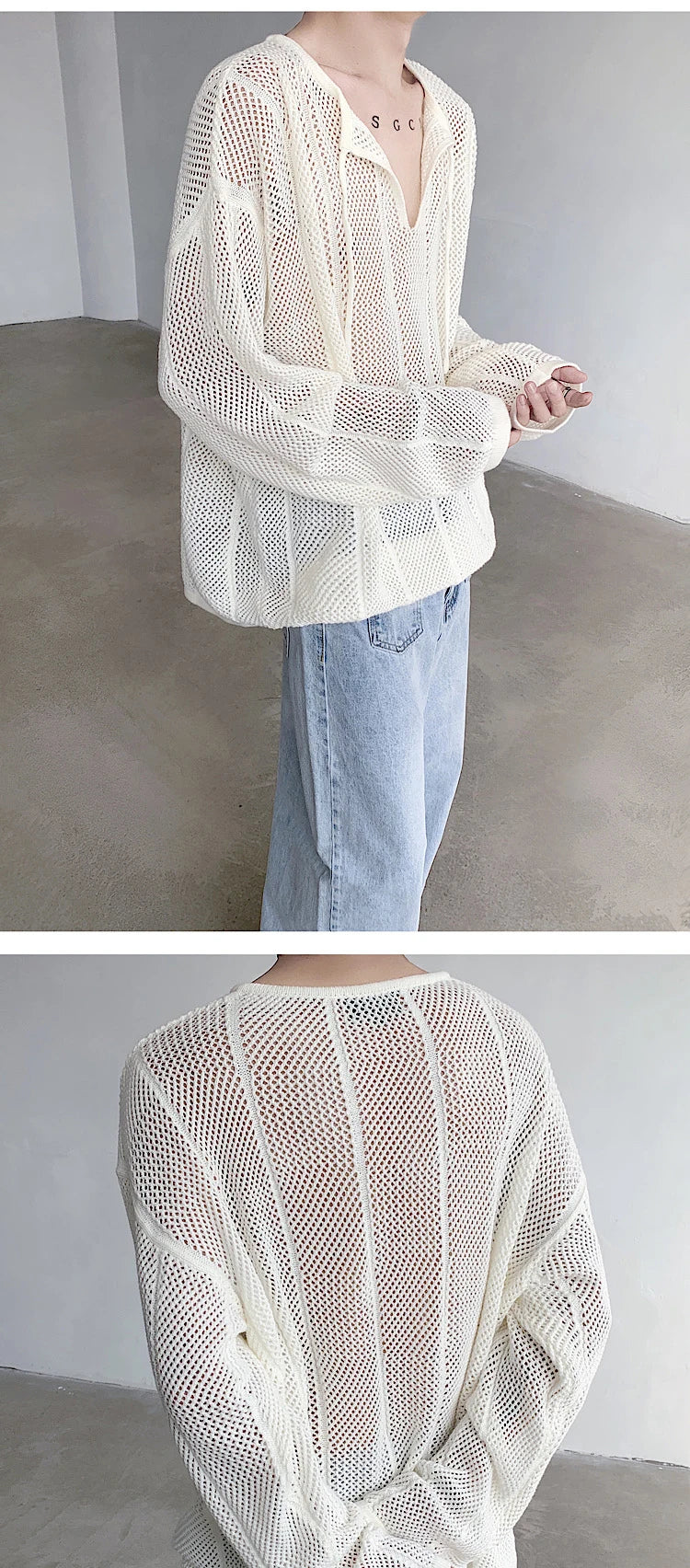 Riolio Rice White Shirts for Men Hollow Out Blouse Men Handsome Fashion Men Clothing Vacation Sexy Mesh Long-sleeved Shirts