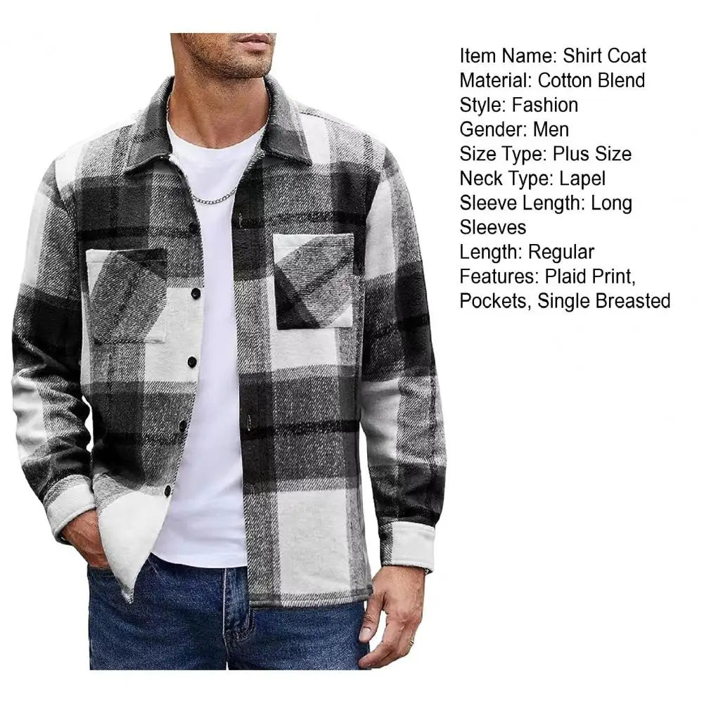 Riolio Spring Autumn Men Shirt Turn-down Collar Cotton Blend Long Sleeve Plaid Buttons Shirt Coat Casual Loose Streetwear Man Clothes