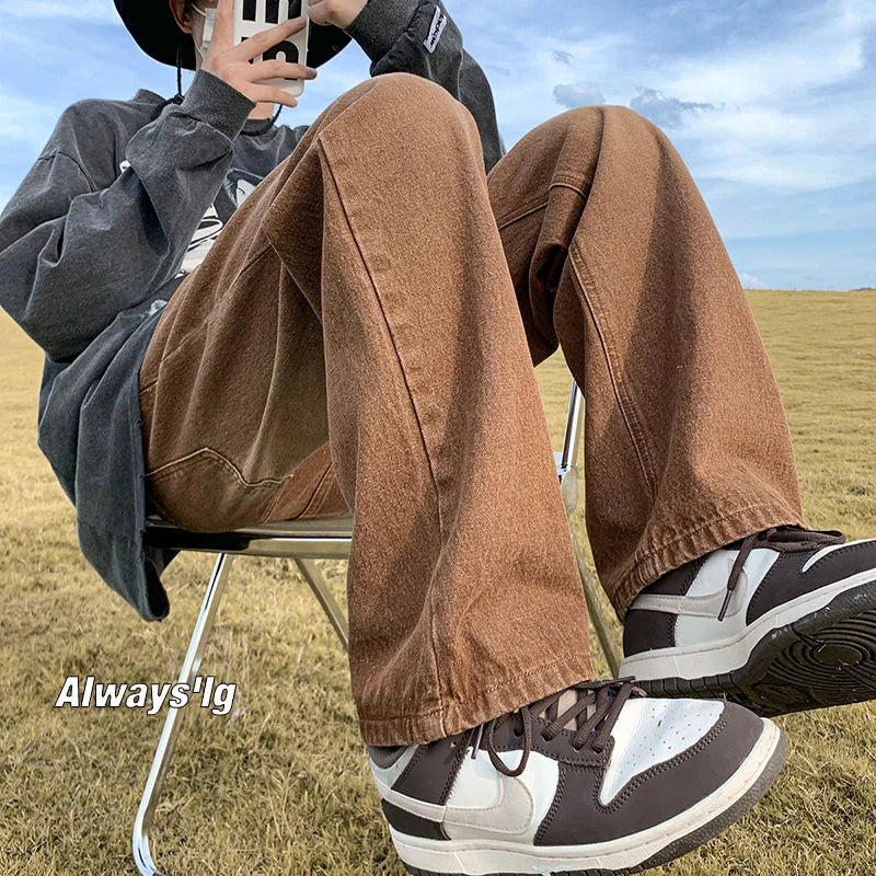 Riolio Brown Baggy Jeans Men Fashion Casual Vintage Straight Jeans Men Streetwear Hip Hop Loose Denim Pants Mens Trousers M-3XL