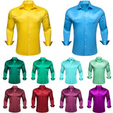 Riolio Luxury Shirts for Men Silk Satin Solid Plain Red Green Yellow Purple Slim Fit Male Blouses Turn Down Collar Casual Tops