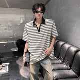 Riolio Men Loose Fit Striped Polo Shirt Casual Fashion Collar T-Shirt man Breathable Streetwear Summer Top Tee Trendy Mens Clothing