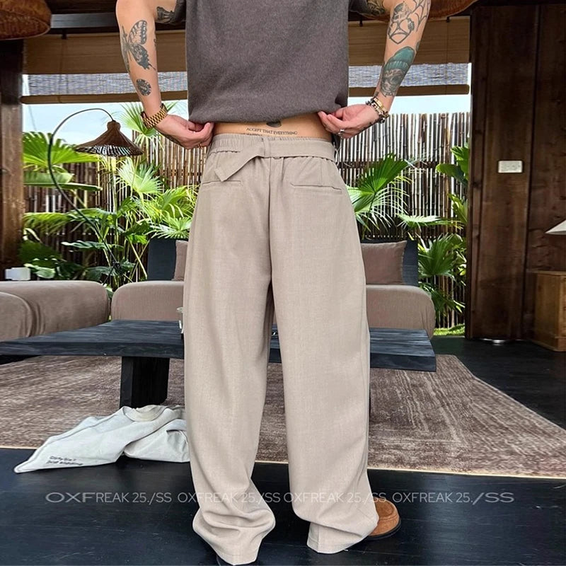 Riolio New Retro Fashion Men Suit Pants Light Luxury Draped Baggy Belt Button-down Solid Color Straight Trousers Elegant Dress Pants