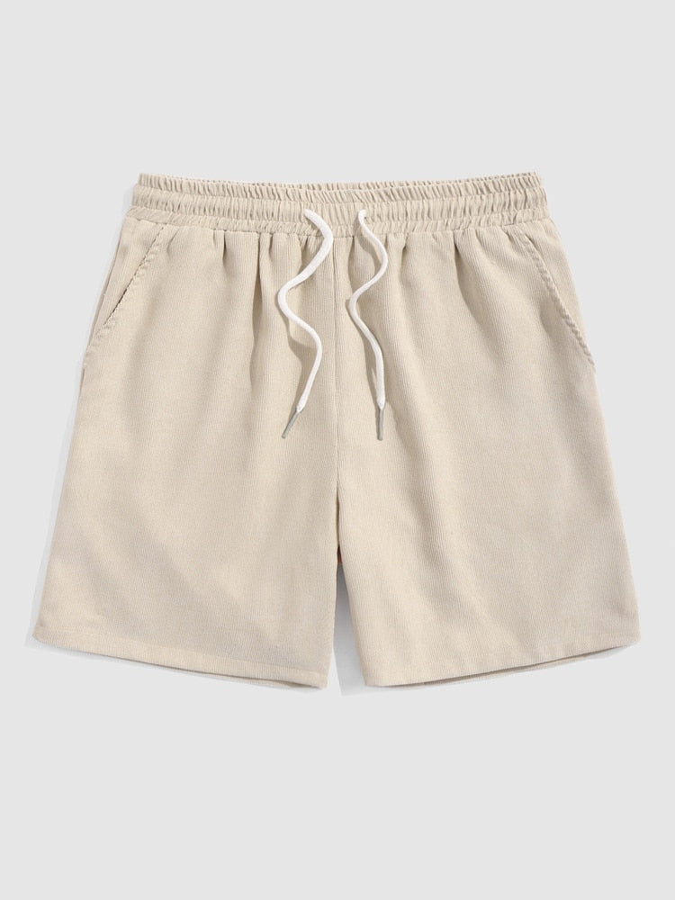 Riolio Two Piece Outfits for Men Casual Basic Solid Corduroy Short Sleeves Button Up Shirt with Drawstring Shorts Set Z5092646