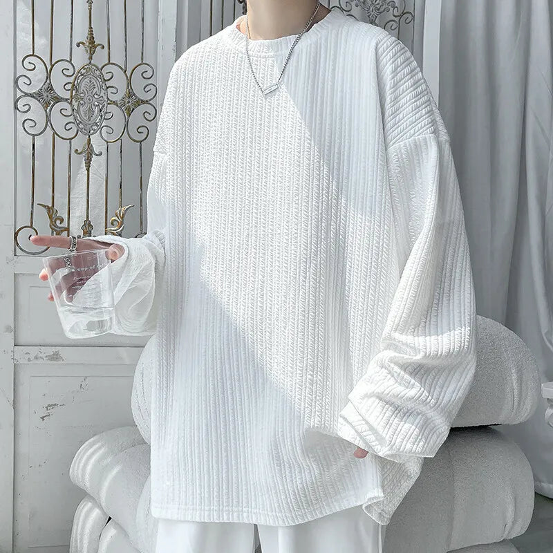 Riolio Spring Long Sleeved T-shirt Men White Casual T Shirt Men Streetwear Korean Loose Pleated T Shirt Mens Top Large Size M-5XL
