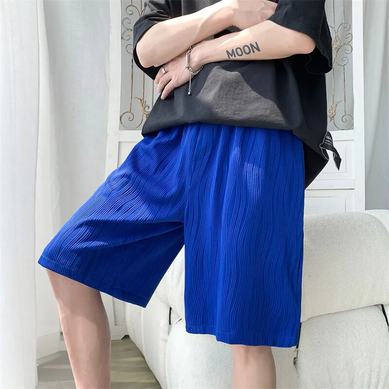 Riolio Summer Shorts Men Fashion Blue Ice Silk Shorts Men Streetwear Hip-hop Loose Pleated Shorts Mens Beach Shorts Plus Size 4XL