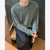 Riolio Autumn Long Sleeved T-shirt Men Oversized Fashion Casual Striped T Shirt Men Streetwear Korean Loose Round Neck Tshirt Mens Top