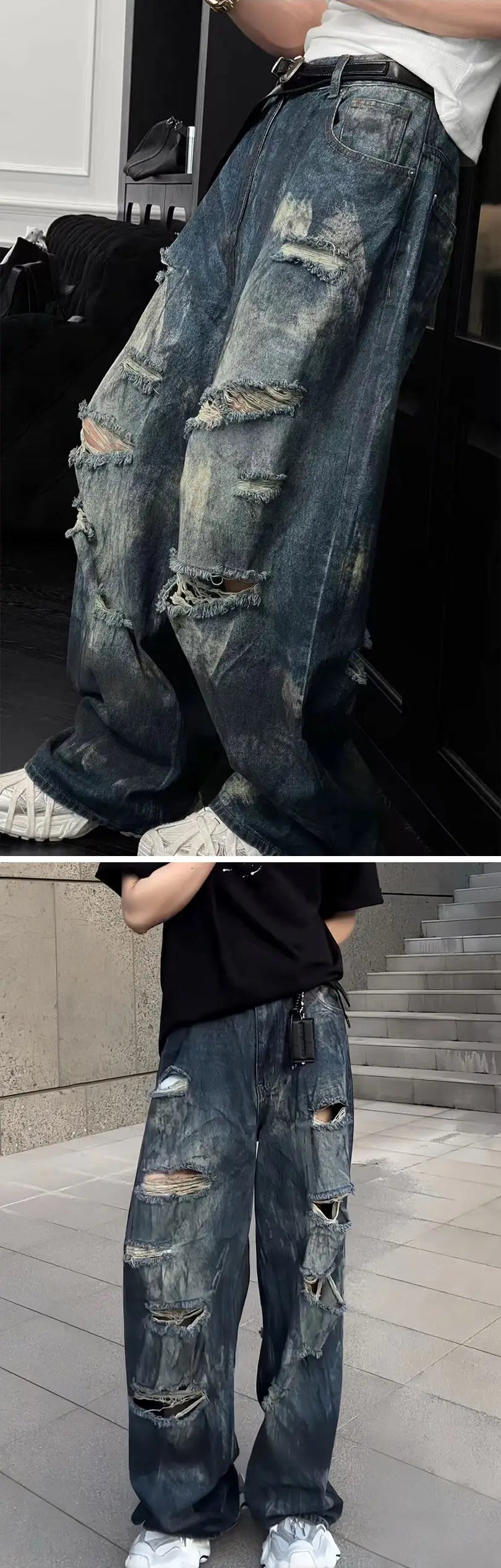 Riolio Mens Loose Fit Straight Leg Jeans Dark Blue Ripped Distressed Trendy Streetwear Fashion Casual Urban Denim Pants Hip Hop Style