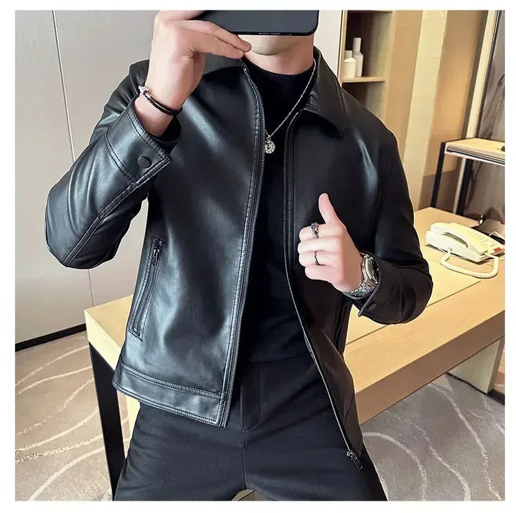 Riolio Windproof Stand Collar Zipper Cardigan Leather Jacket Motorcycle Leather Coat PU Leather Business Leather Jackets Men's Fashion