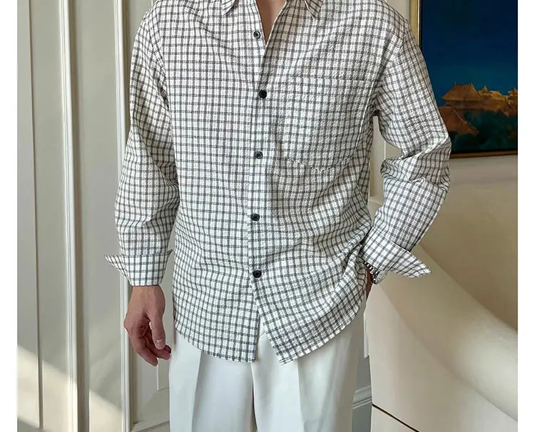 Riolio  New American Retro Men Shirts Light Luxury Textured Lapel Plaid Long Sleeve Cardigan Leisure Trendy Premium Check Blouse M-2XL