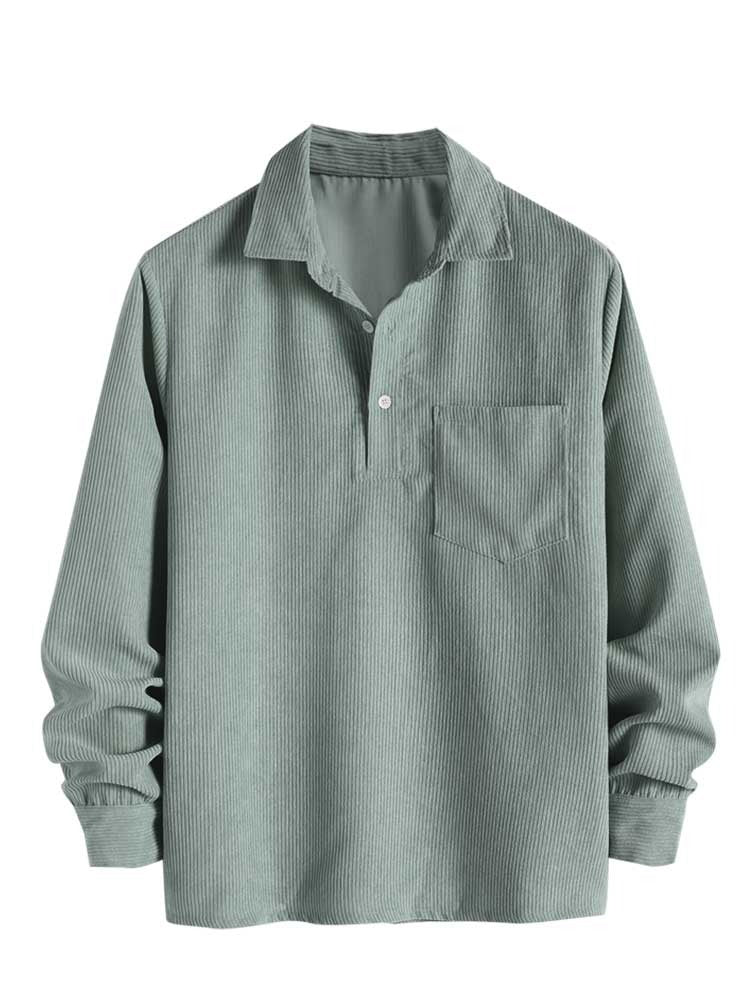 Riolio Shirts for Men Corduroy Long Sleeves Shirt Half Button Solid Blouses Fall Spring Streetwear Overshirts Tops with Pocket