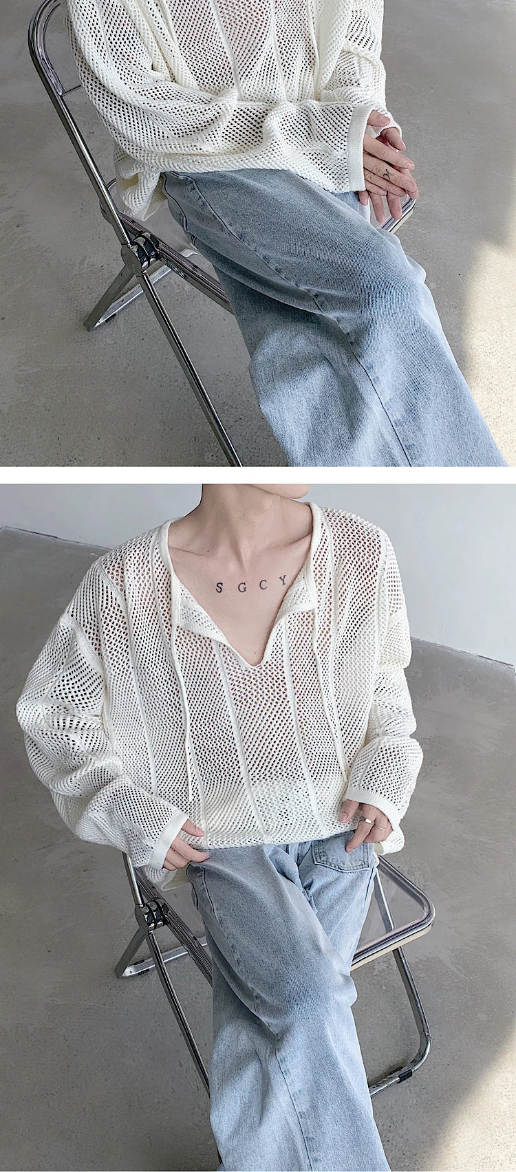 Riolio Rice White Shirts for Men Hollow Out Blouse Men Handsome Fashion Men Clothing Vacation Sexy Mesh Long-sleeved Shirts