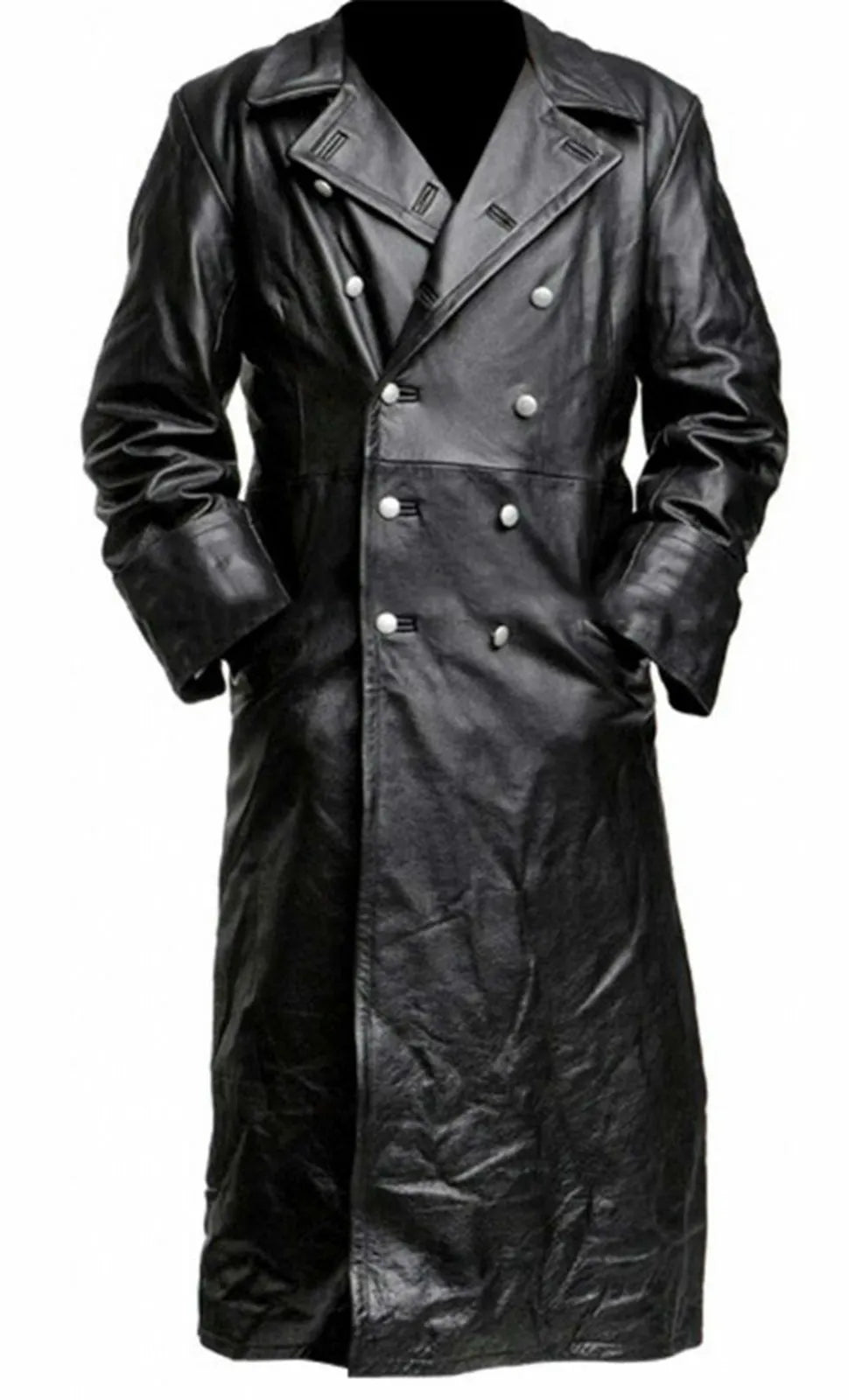 Riolio MEN'S GERMAN CLASSIC WW2 MILITARY UNIFORM OFFICER BLACK REAL LEATHER TRENCH COAT