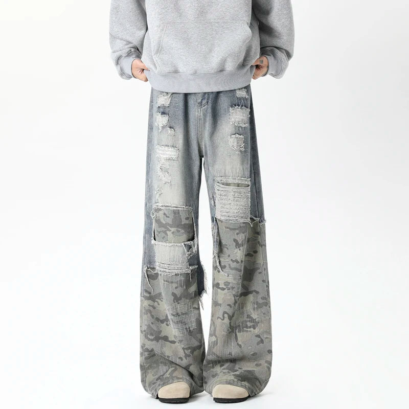 Riolio Camouflage Wide jeans men Ripped Patchwork New Mainstream Hip Hop Skateboard Men Women Streetwear High Street Super Loose Jeans