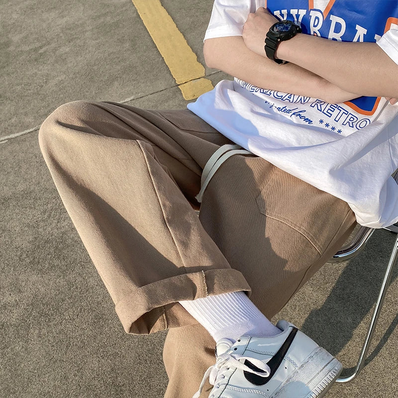 Riolio Cotton Casual Pants Men Oversized Wide Leg Pants Men Japanese Streetwear Hip-hop Loose Straight Pants Men Beige Trousers S-2XL