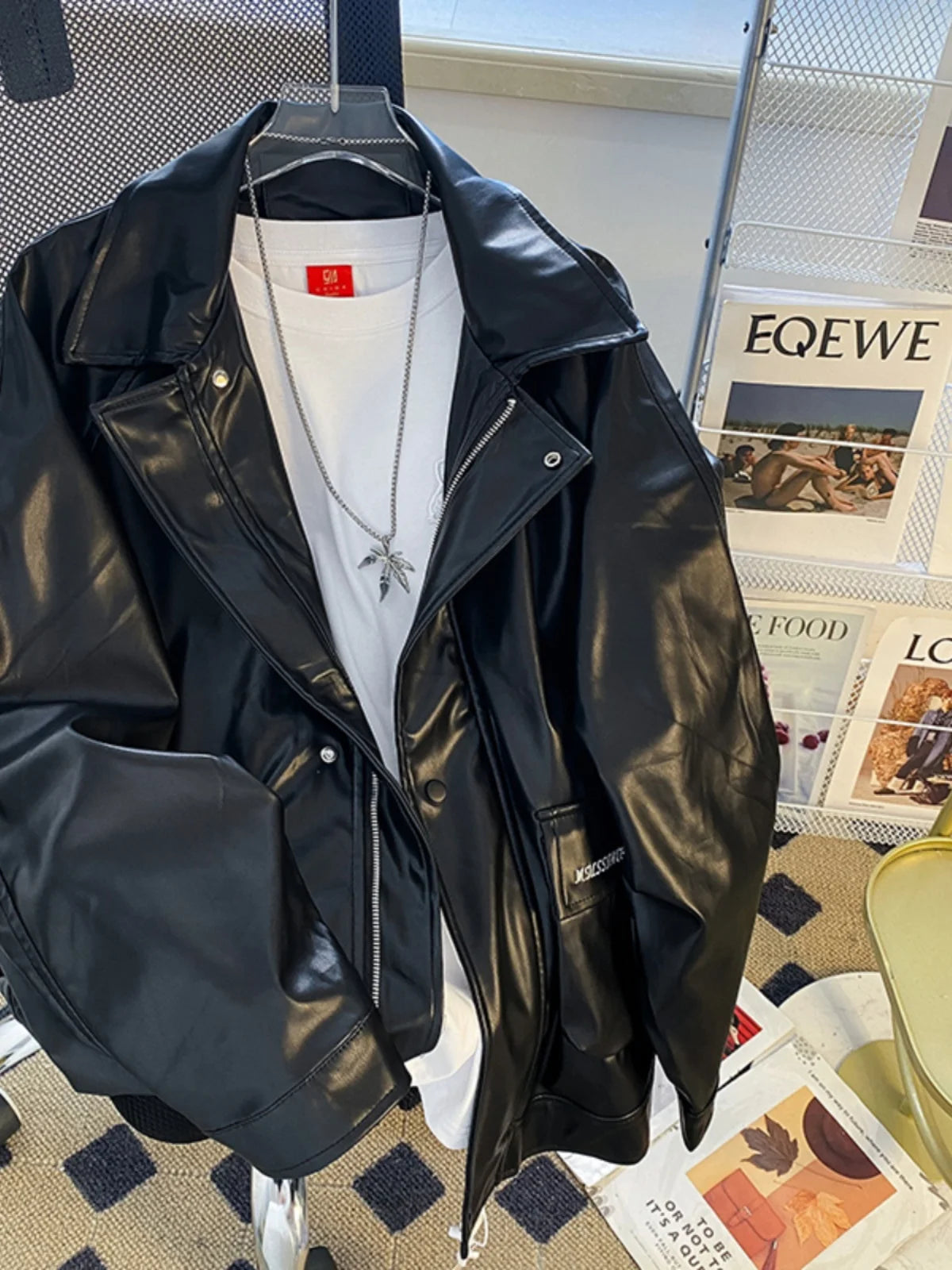 Riolio Black Pu Leather Jacket Men's Spring Autumn New American Retro Handsome Leather Jacket Loose High-end Motorcycle Suit Aesthetic