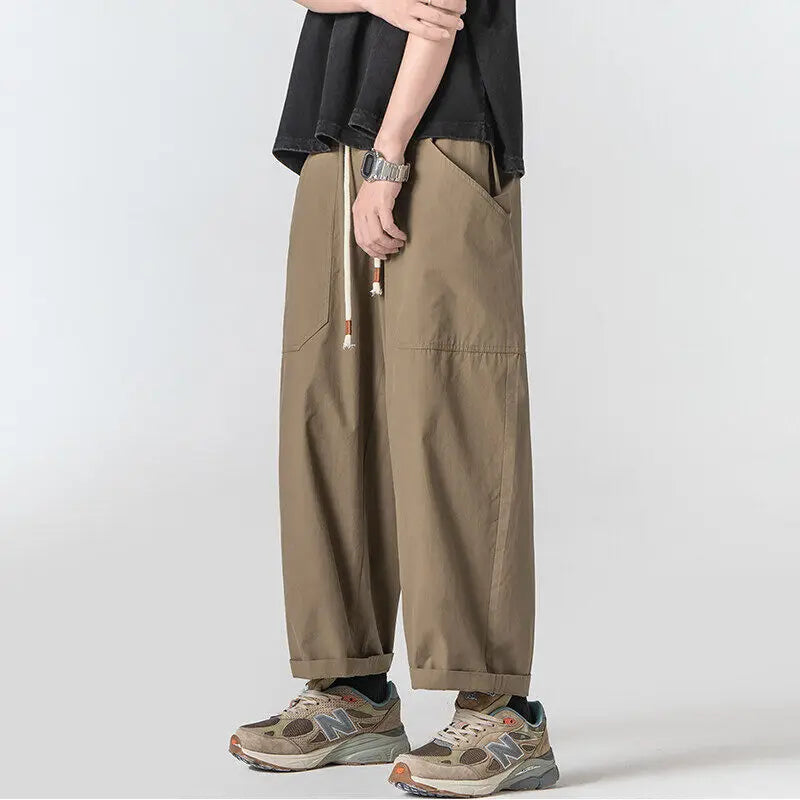 Riolio Summer Cotton Casual Pants Men Oversized Wide Leg Pants Men Japanese Streetwear Hip-hop Loose Straight Pants Men Thin Trousers