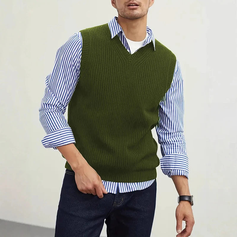Riolio New Popular Preppy Style Men Sweater Vest Casual Knitted Streetwear Solid Color V Neck Waistcoat Leisure High Quality Knitwear