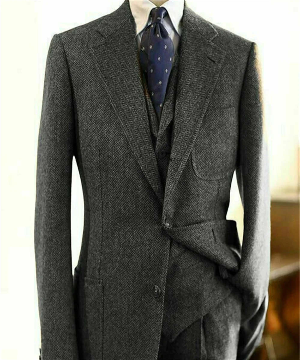 Riolio Regular Brown Mens Suits Slim Fit Herringbone Tweed Wool Blend Check Wedding Tuxedos Classic 3 Pieces Trajes De Hombre Blazer