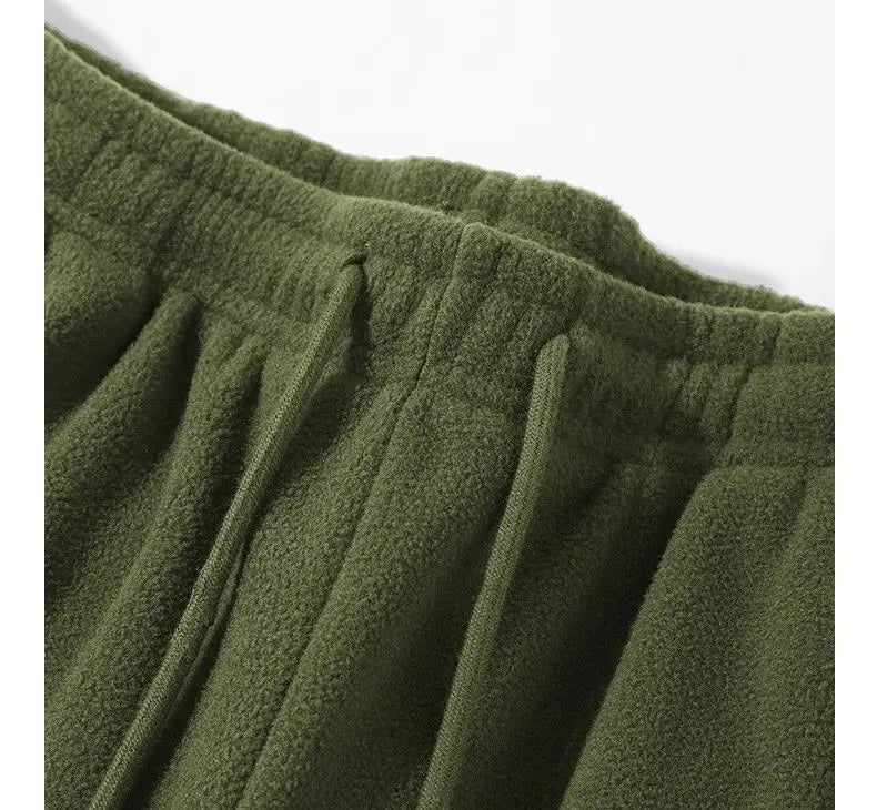 Riolio Double-sided Fleece! Retro Military Green Straight-leg Pants Women Loose Thickened Warm Drawstring Casual Wide-leg Pants Men
