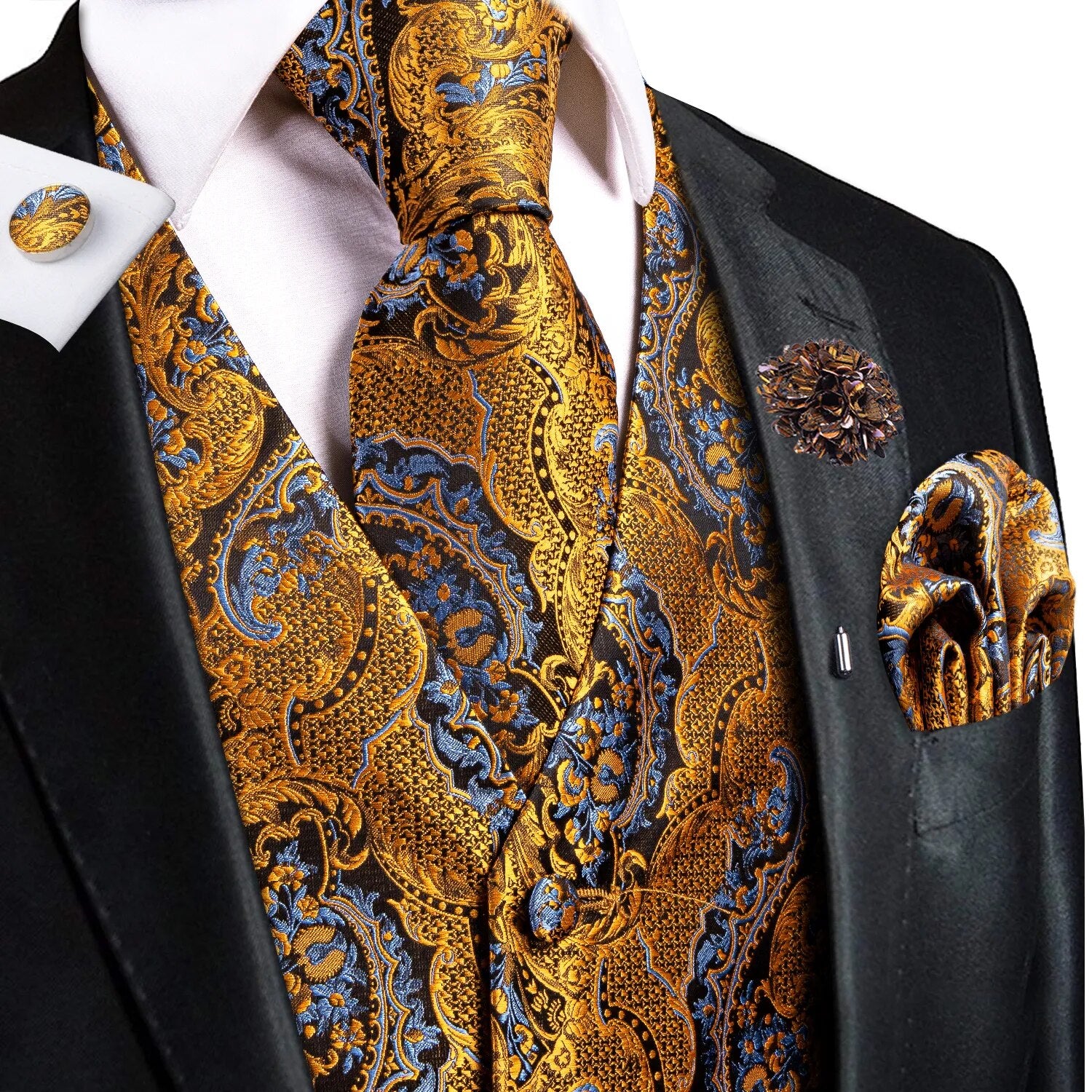 Riolio High Quality Silk Mens Vests Champagne Paisley Waistcoat Neck Tie Hanky Cufflinks Brooch Set for Men Suit Wedding Office