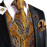 Riolio High Quality Silk Mens Vests Champagne Paisley Waistcoat Neck Tie Hanky Cufflinks Brooch Set for Men Suit Wedding Office