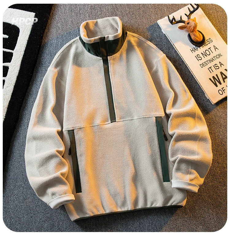Riolio Korean Casual Heavy Half Zipper Sweatshirt Fleece Jacket Men Autumn Winter Warmth Thicken Men Aesthetic Academy Chic Streetwear