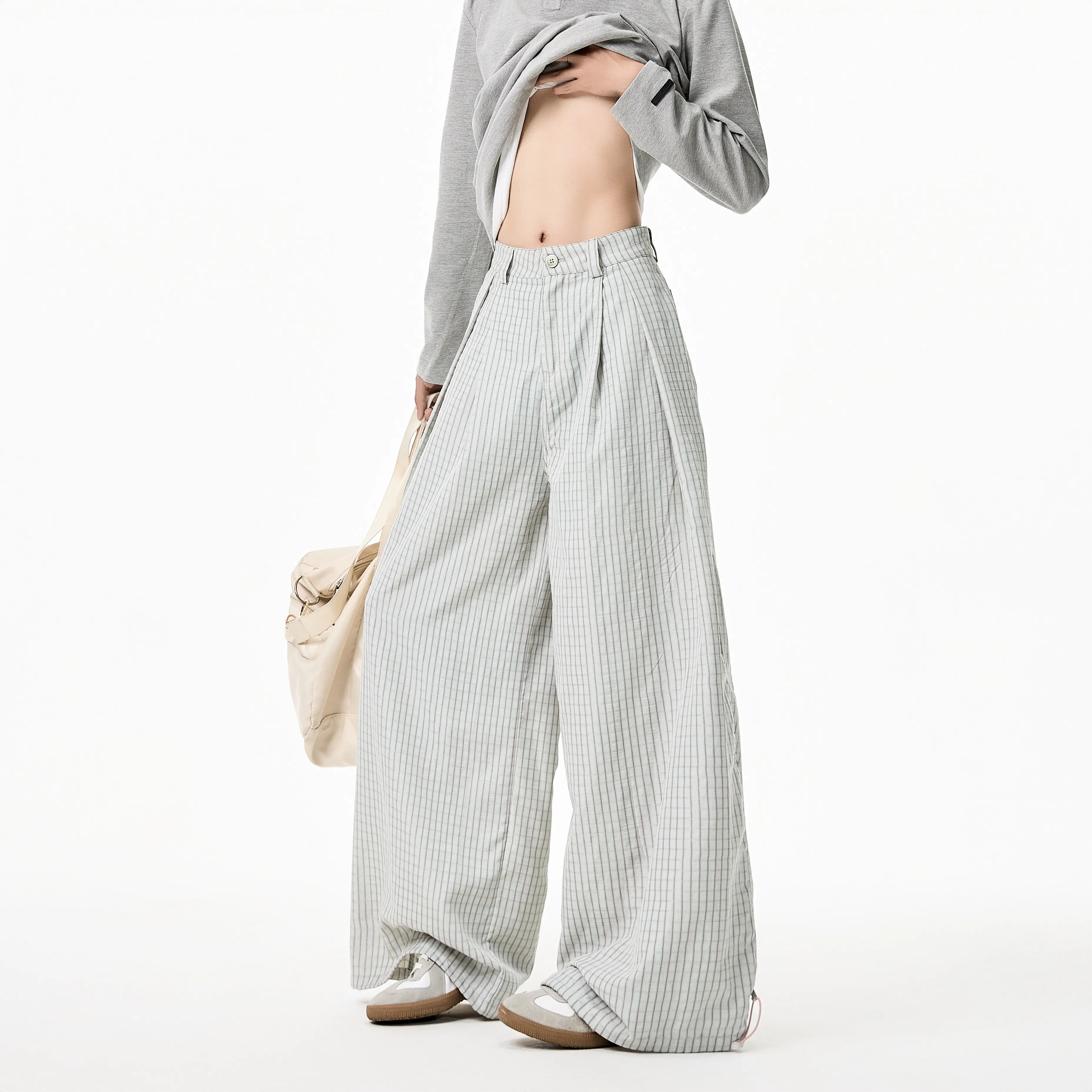 Riolio Summer Loose Wide Leg Striped Trousers Unisex High Street Fashion Trendy Casual Wear Oversize Streetwear Long Pants Lightweight