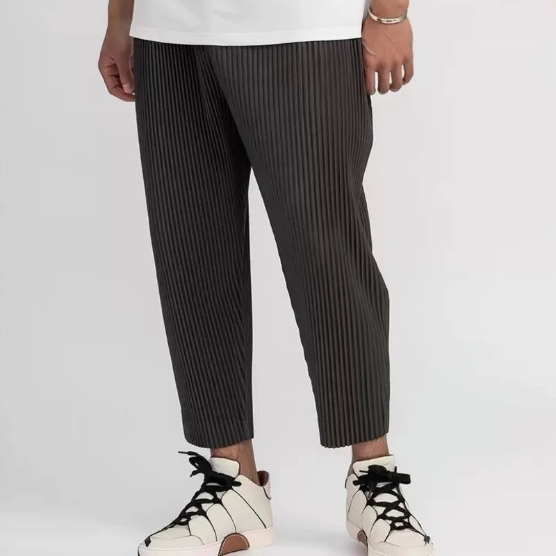 Riolio Summer Casual Pants Men Fashion Gray Black Straight Pants Men Japanese Streetwear Loose Pleated Pants Mens Ice Silk Trousers