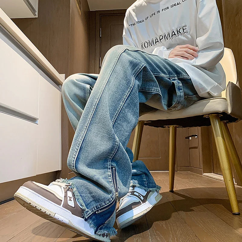 Riolio Autumn jeans men New Fashion Side Zipper Casual Jean Pants Men High Street Loose Straight Pant Mens Vintage All-match Trousers