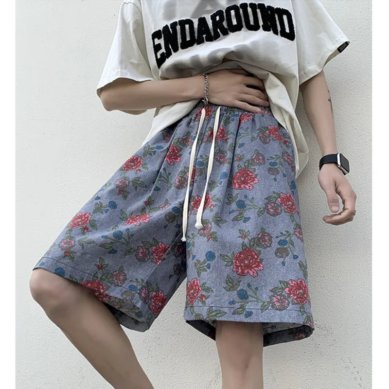 Riolio Summer Flower Shorts Men Fashion Retro Printed Shorts Men Streetwear Hip-hop Loose Beach Shorts Mens Knee Length Pants M-3XL