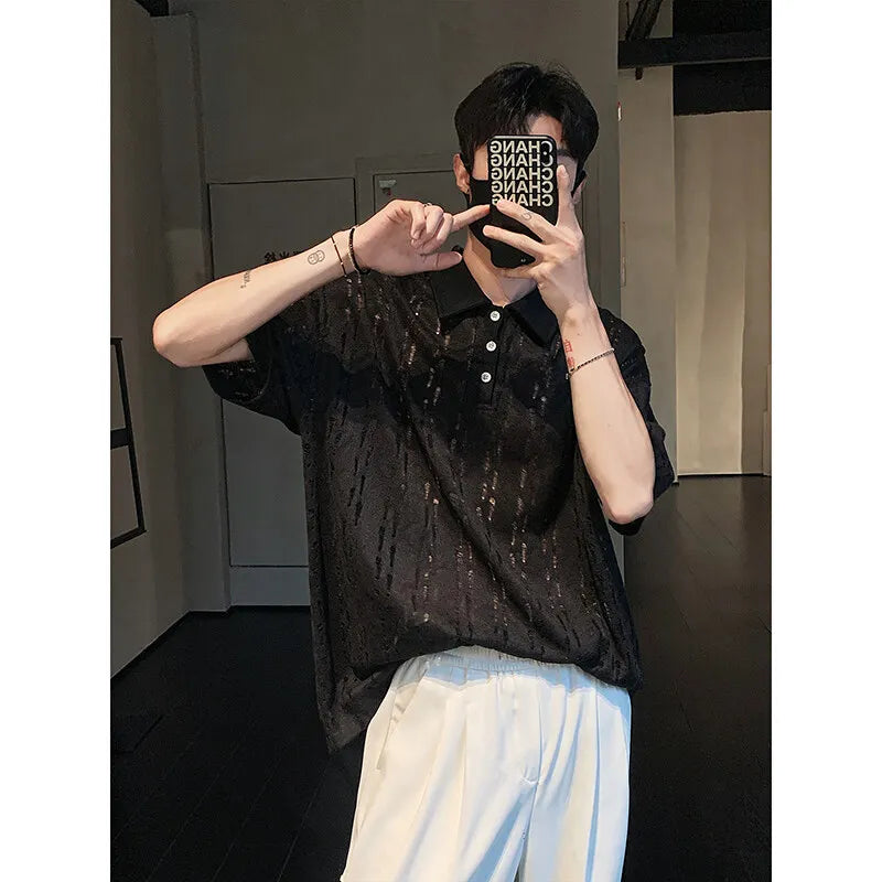 Riolio Mens Summer Short Sleeve Loose Fit Casual polo men Trendy Hollow Out Design Streetwear Fashion Top New Stylish Mesh Tee POLO