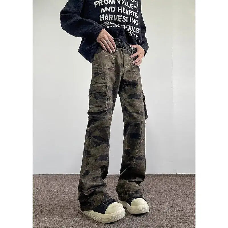 Riolio Jeans Men camouflage Cargo Pants Patchwork Multi Pockets Denim Hombre Fashion Casual Streetwear Trousers bell-bottoms