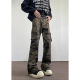 Riolio Jeans Men camouflage Cargo Pants Patchwork Multi Pockets Denim Hombre Fashion Casual Streetwear Trousers bell-bottoms
