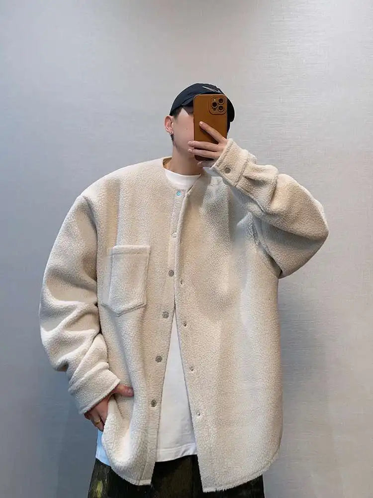 Riolio Hong Kong Style Retro Coat Versatile Solid Color Lamb Fur Plus Velvet Shirt Fashion High-end Autumn Winter Loose Fleece Jacket