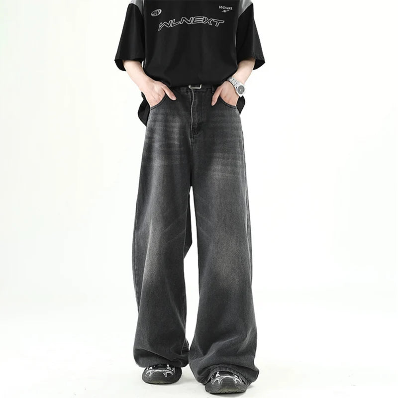 Riolio Men Denim Pants Old Blue Washed Male Jeans Straight Casual Menwear Loose Wide Leg Trousers New Fashion Korean High Street Denim