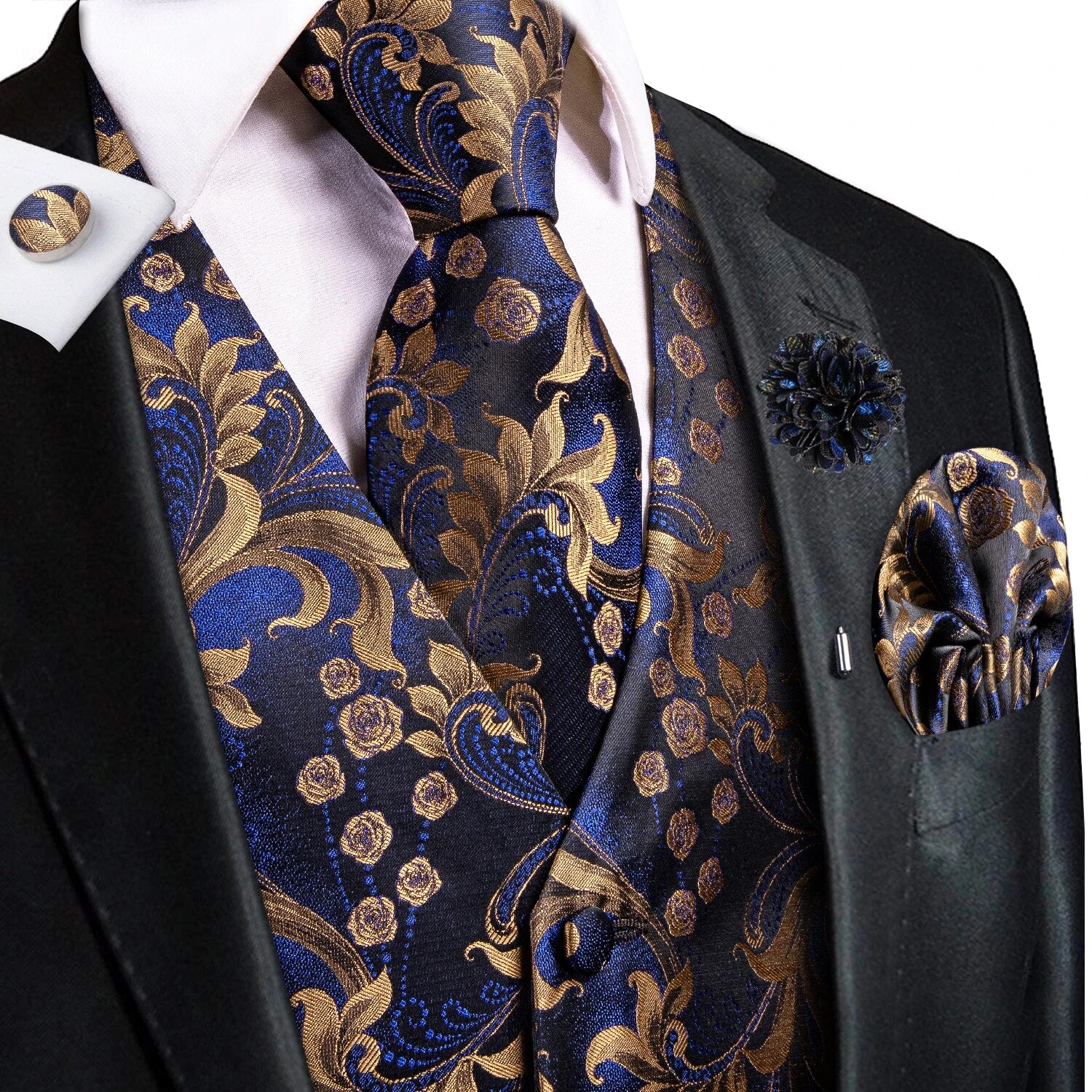 Riolio High Quality Silk Mens Vests Champagne Paisley Waistcoat Neck Tie Hanky Cufflinks Brooch Set for Men Suit Wedding Office