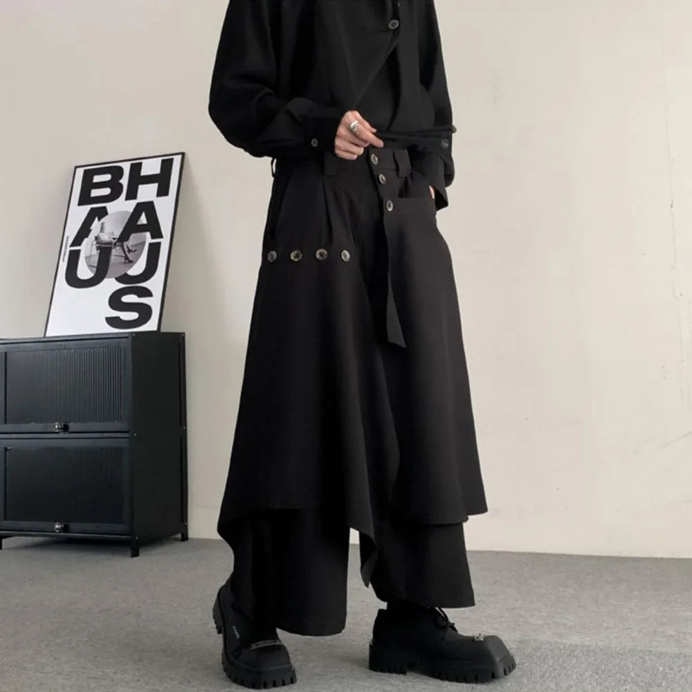 Riolio Y2k Double-Layer Irregular Casual Skirt Pants Genderless Japanese Streetwear Side Hem Design Versatile Samurai Skirt Unisex